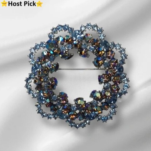 Vintage Jewelry - ⛔️SOLD⛔️ Large Vintage Blue Aurora Borealis Wreath Brooch Silver Tone